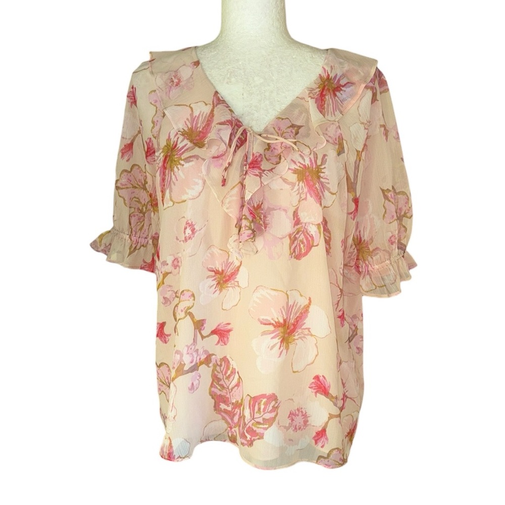 JOIE Pink Floral Print Chiffon Ruffle Blouse Tie Neck Blouse - M